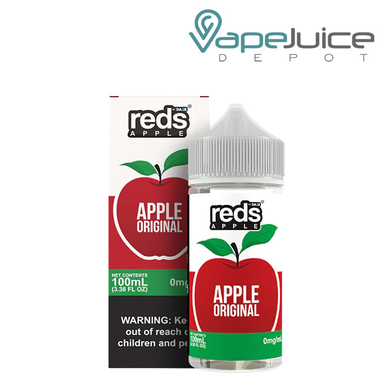 A box of Apple 7Daze Reds Apple eJuice 100ml with a warning sign and a 100ml bottle next to it - Vape Juice Depot