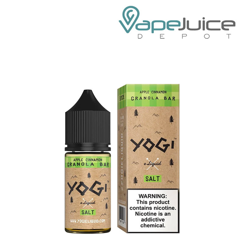 A 30ml bottle of Apple Cinnamon Granola Bar YOGI Salt and a box with a warning sign next to it - Vape Juice Depot