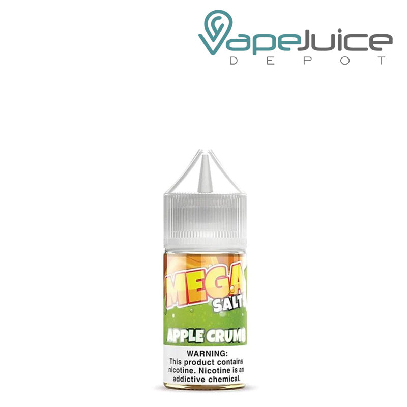 A 30ml bottle of Apple Crumb MEGA Salts eLiquid with a warning sign - Vape Juice Depot