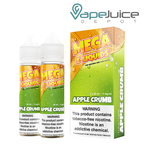 Two 60ml bottles of Apple Crumb MEGA e-Liquids with a warning sign and a box next to it - Vape Juice Depot