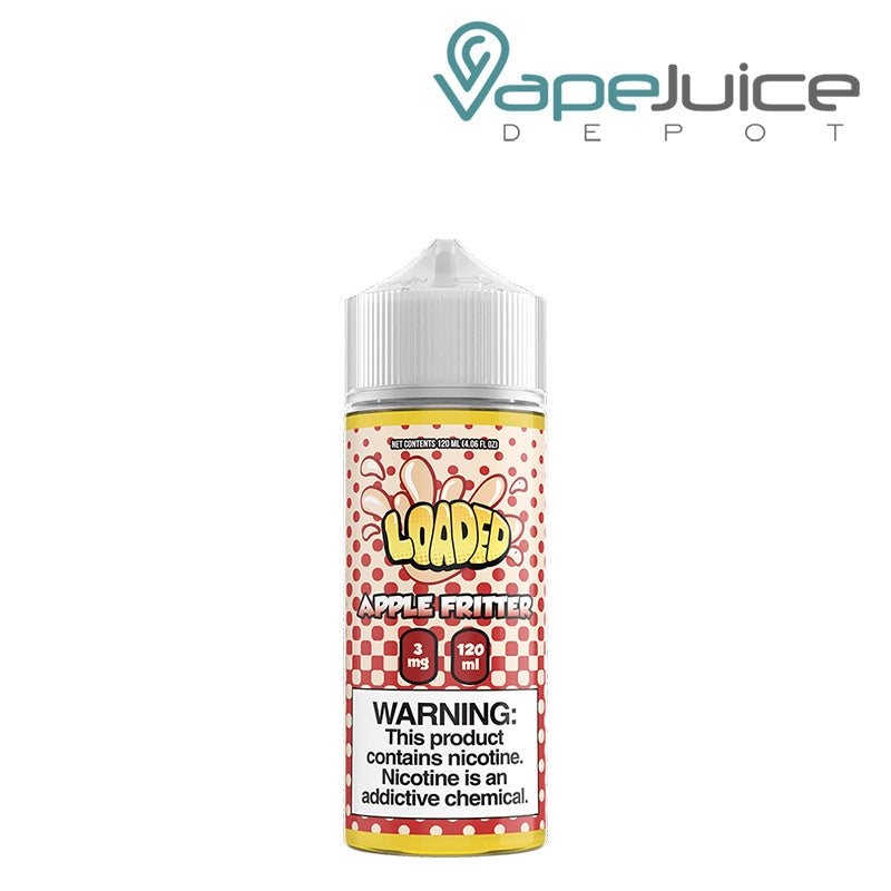 A 120ml bottle of Apple Fritter LOADED eLiquid with a warning sign - Vape Juice Depot