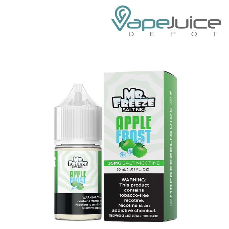 A 30ml bottle Apple Frost Mr Freeze Salt Nic next to its box with a warning sign - Vape Juice Depot