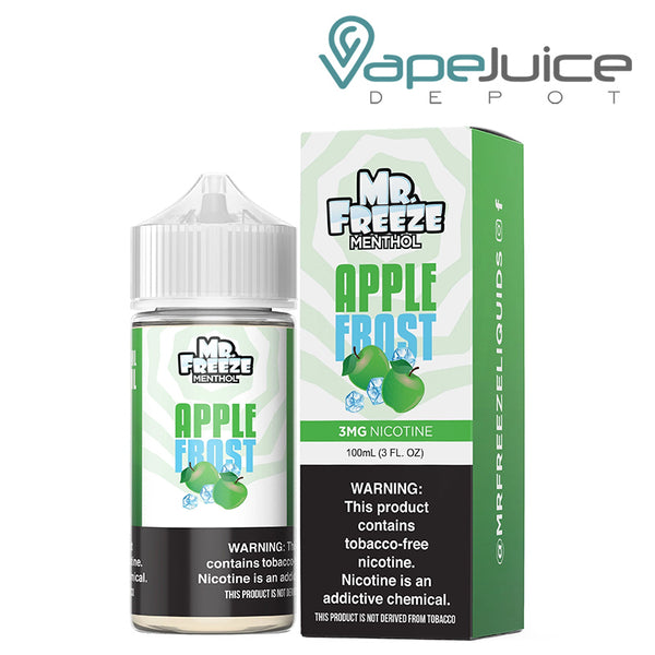 A 100ml bottle of Apple Frost Mr Freeze eLiquid and a box with a warning sign next to it - Vape Juice Depot
