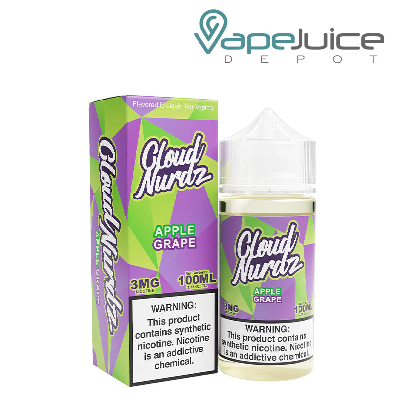 A box of Apple Grape TFN Cloud Nurdz with a warning sign and a 100ml bottle next to it - Vape Juice Depot