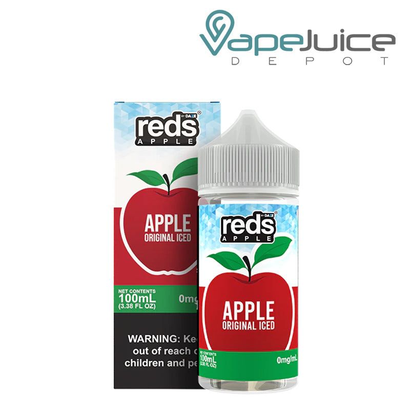 A box of Apple Iced 7Daze Reds Apple eJuice 100ml with a warning sign and a 100ml bottle next to it - Vape Juice Depot