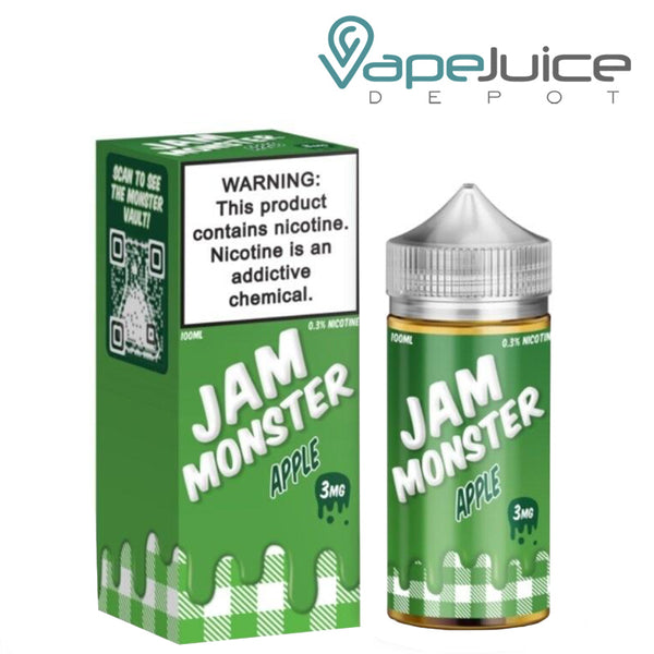 A box of Apple Jam Monster eLiquid with a warning sign and a 100ml bottle next to it - Vape Juice Depot