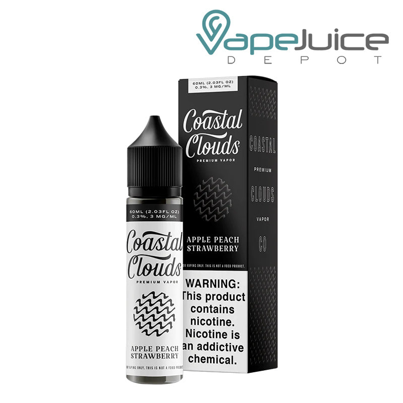 A 60ml bottle of Apple Peach Strawberry Coastal Clouds eLiquid and a box with a warning sign next to it - Vape Juice Depot