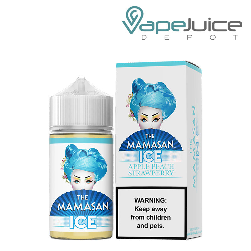 A 60ml bottle of Apple Peach Strawberry ICE The Mamasan eLiquid and a box with a warning sign next to it - Vape Juice Depot