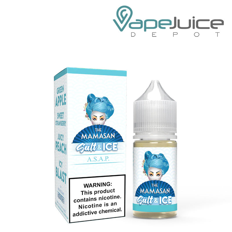 A box of Apple Peach Strawberry Ice Salt The Mamasan eLiquid with a warning sign and a 30ml bottle next to it - Vape Juice Depot