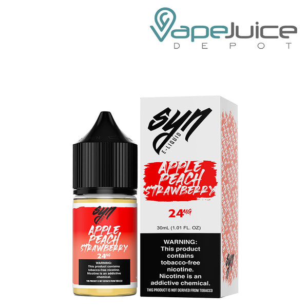 A 30ml bottle of Apple Peach Strawberry Syn Salt with a warning sign and a box next to it - Vape Juice Depot