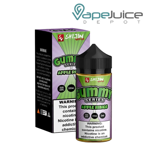A box of Apple Rings Gummy Series Shijin Vapor with a warning sign and a 100ml bottle next to it - Vape Juice Depot