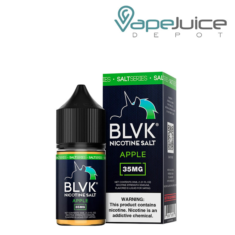 A 30ml bottle of Apple Salt BLVK Unicorn eLiquid and a box with a warning sign next to it - Vape Juice Depot