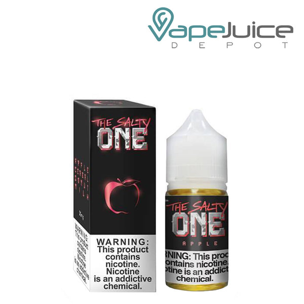 A box of Apple The Salty One eLiquid with a warning sign and a 30ml bottle next to it - Vape Juice Depot