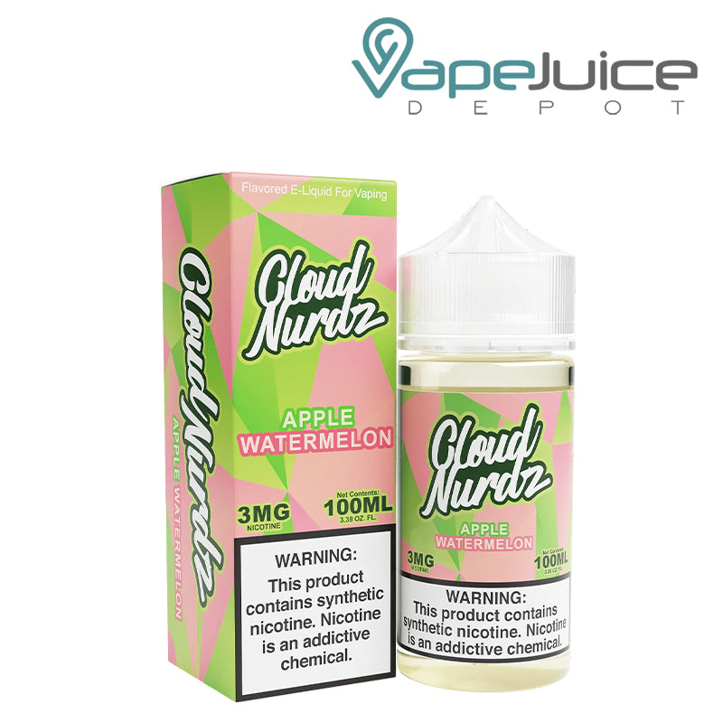 A box of Apple Watermelon Cloud Nurdz eLiquid with a warning sign and a 100ml bottle next to it - Vape Juice Depot