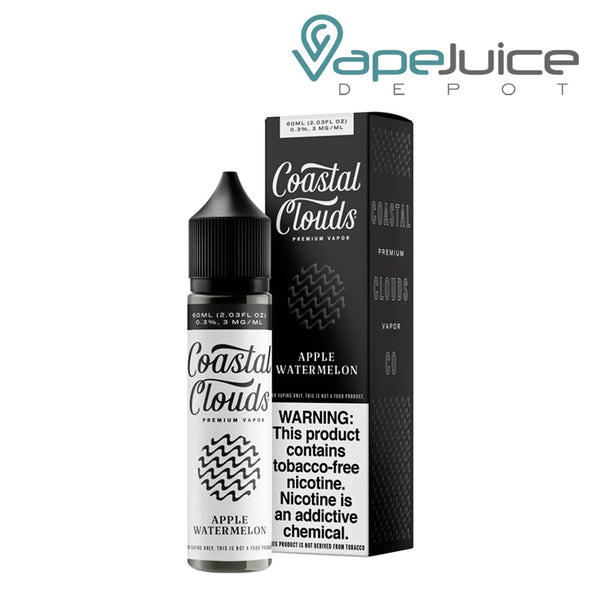A 60ml bottle of Apple Watermelon Coastal Clouds TFN and a box with a warning sign next to it - Vape Juice Depot