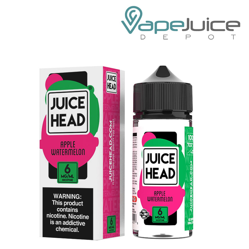 A Box of Apple Watermelon Juice Head with a warning sign and a 100ml bottle next to it - Vape Juice Depot