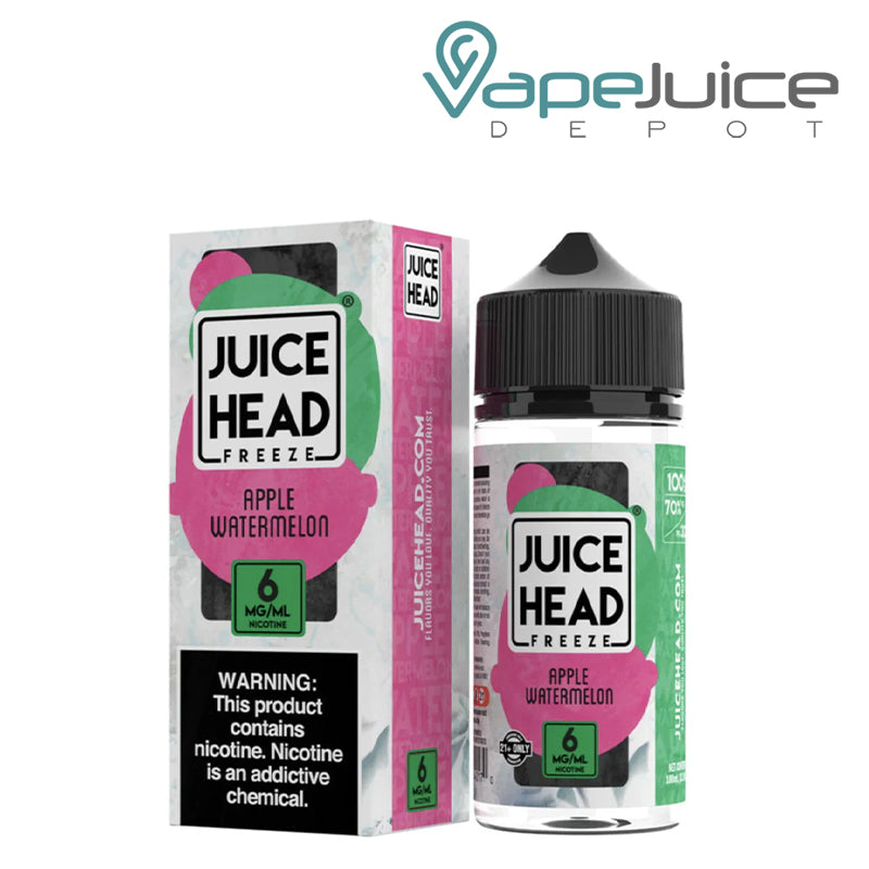 A Box of Apple Watermelon Juice Head Freeze with a warning sign and a 100ml bottle next to it - Vape Juice Depot