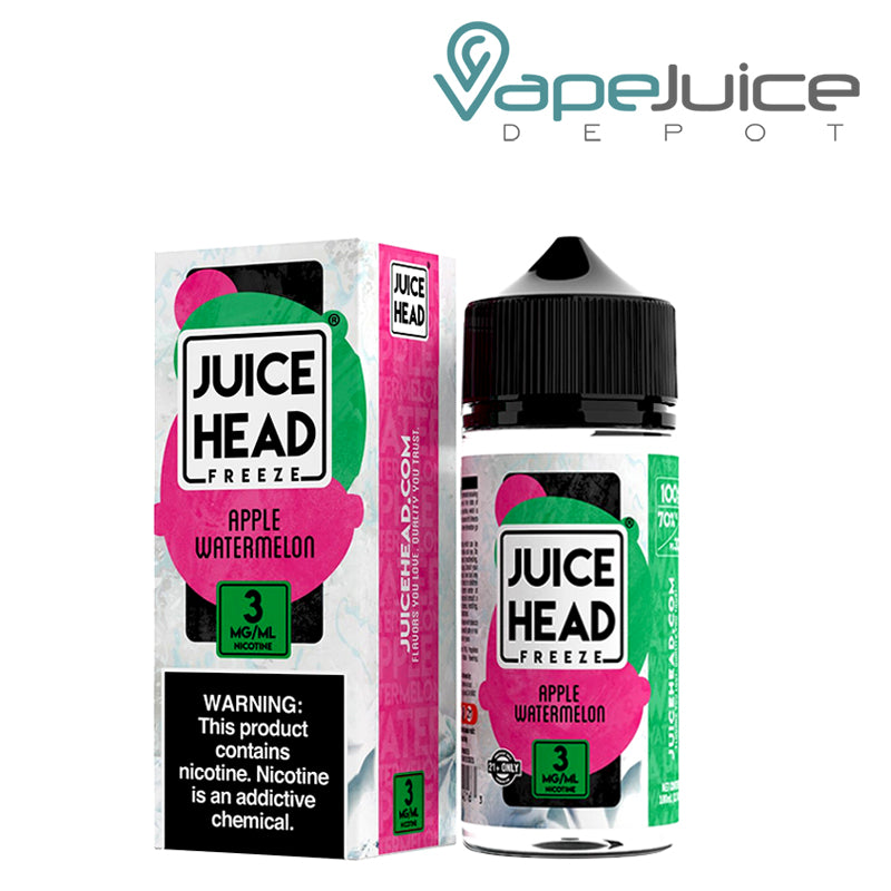 A Box of Apple Watermelon Juice Head Freeze with a warning sign and a 100ml bottle next to it - Vape Juice Depot