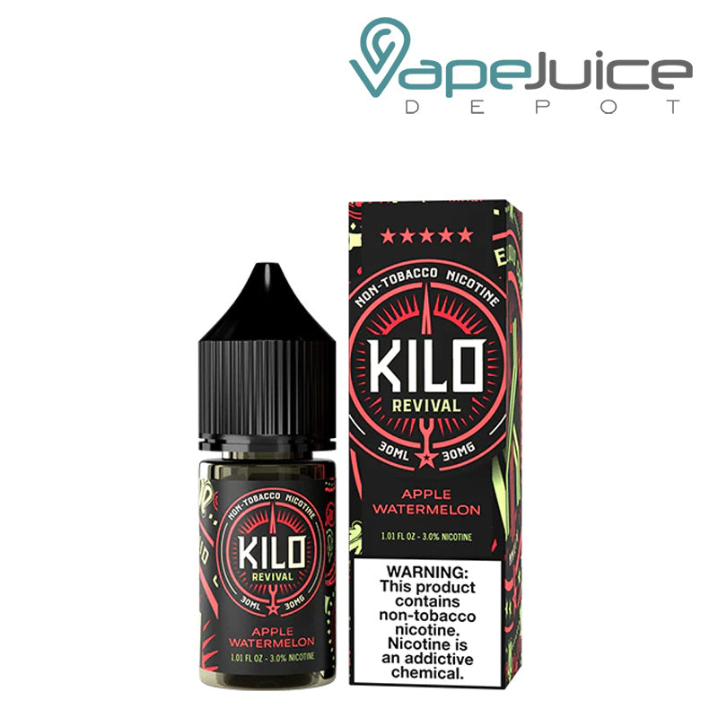 A 30ml bottle of Apple Watermelon Kilo Revival TFN Salt and a Box with a warning sign next to it - Vape Juice Depot