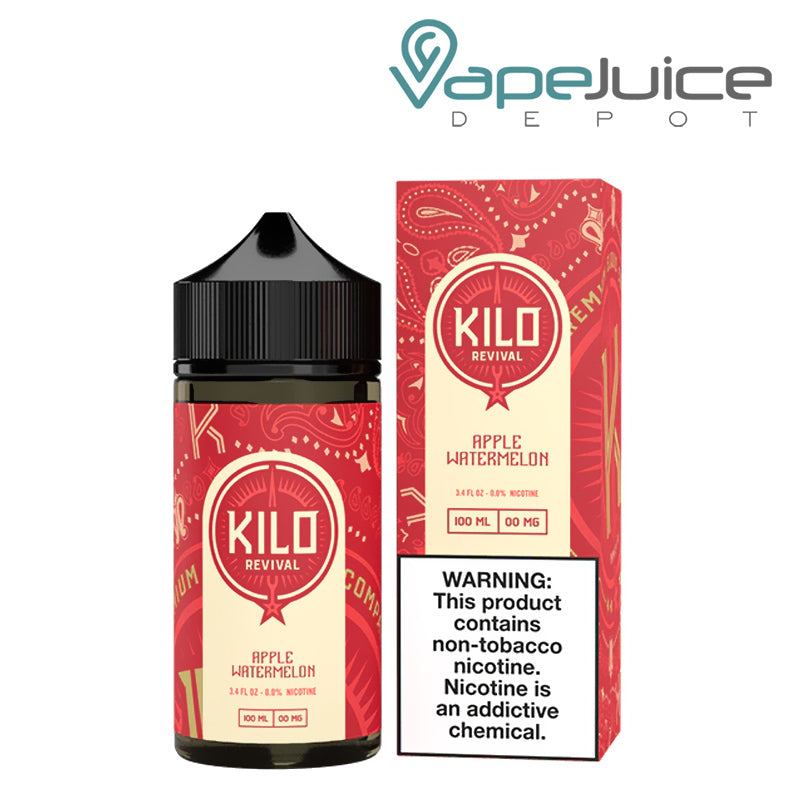 A 100ml bottle of Apple Watermelon Kilo Revival TFN eLiquid and a box with a warning sign next to it - Vape Juice Depot