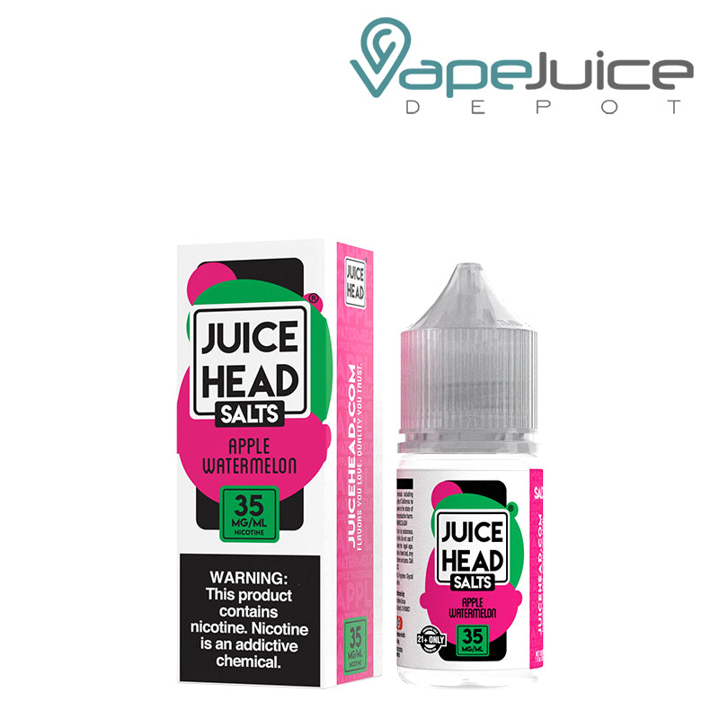 A Box of 35mg Apple Watermelon Salts Juice Head with a warning sign and a 30ml bootle next to it - Vape Juice Depot