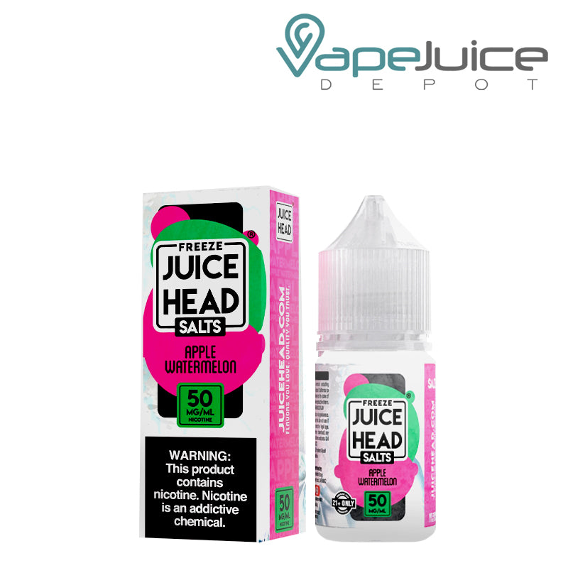 A Box of Apple Watermelon Salts Juice Head with a warning sign and a 30ml bootle next to it - Vape Juice Depot