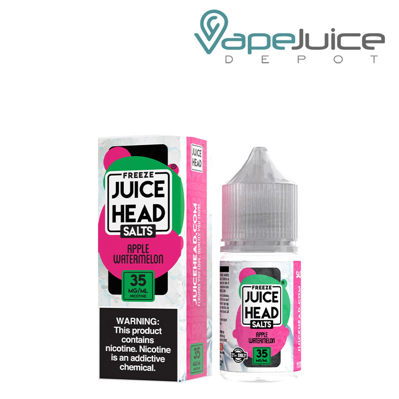 A box of 35mg Apple Watermelon Salts Juice Head Freeze 30ml with a warning sign and a 30ml bottle next to it - Vape Juice Depot