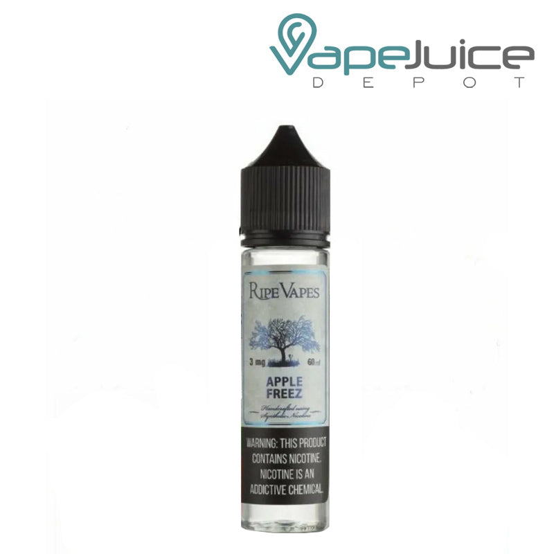 A 60ml bottle of Apple Freez Ripe Vapes eLiquid with a warning sign - Vape Juice Depot