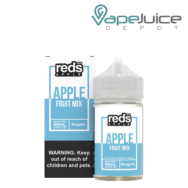 A box of Fruit Mix REDS Apple eJuice with a warning sign and a 60ml bottle next to it - Vape Juice Depot