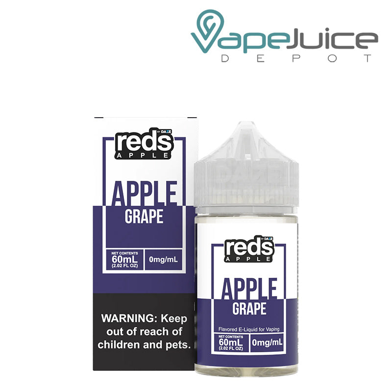 A box of Grape REDS Apple eJuice with a warning sign and a 60ml bottle next to it - Vape Juice Depot