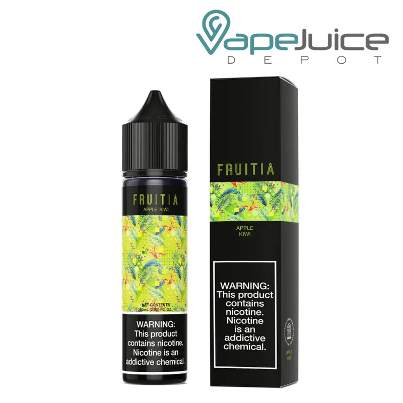 A 60ml bottle of Apple Kiwi Fruitia Fresh Farms with a warning sign and a box next to it - Vape Juice Depot