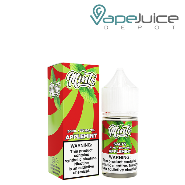 A box of Applemint Mints Salt eLiquid with a warning sign and a 30ml bottle next to it - Vape Juice Depot