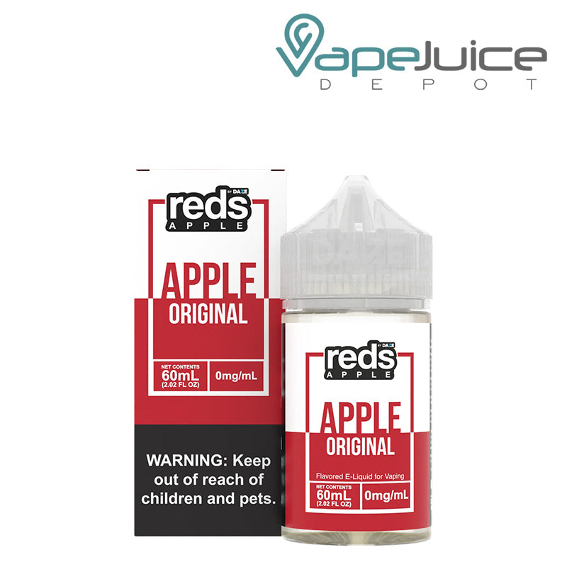 A box of Apple REDS Apple eJuice with a warning sign and a 60ml bottle next to it - Vape Juice Depot