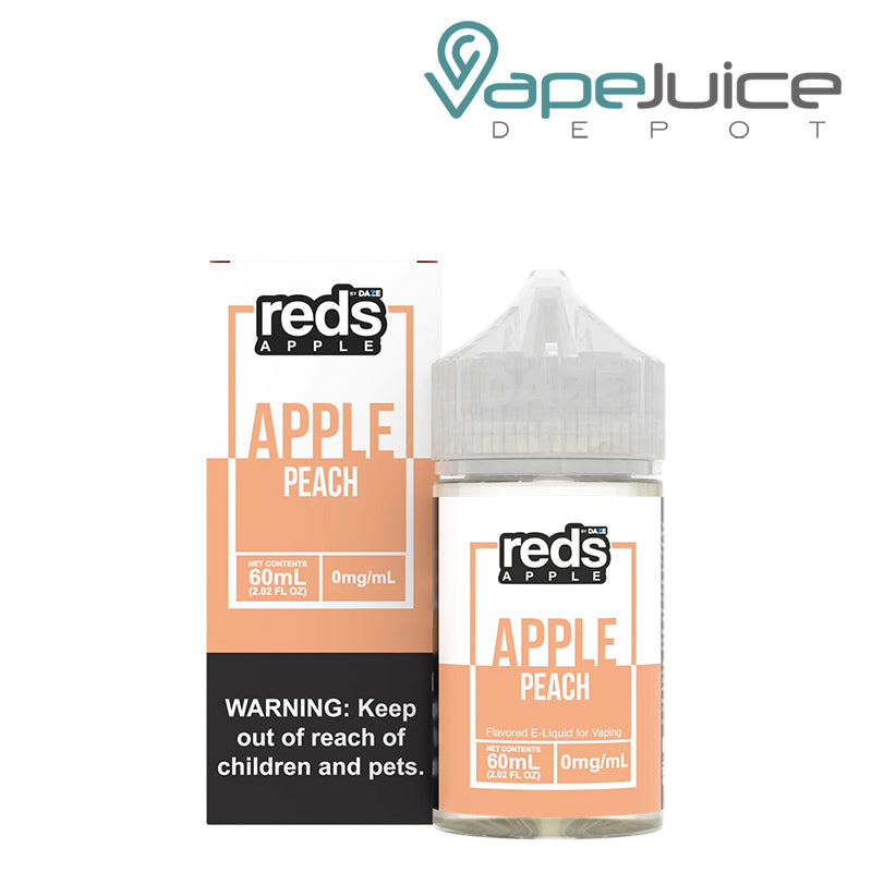 A box of Peach REDS Apple eJuice with a warning sign and a 60ml bottle next to it - Vape Juice Depot