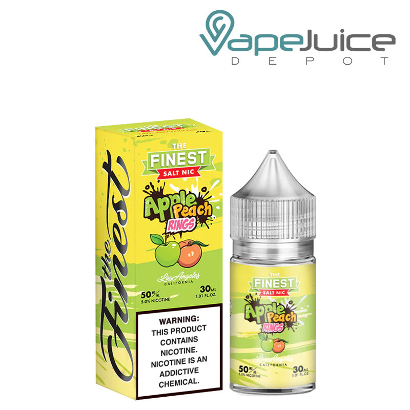 A box of Apple Peach Rings Finest SaltNic Series with a warning sign and a 30ml bottle next to it - Vape Juice Depot
