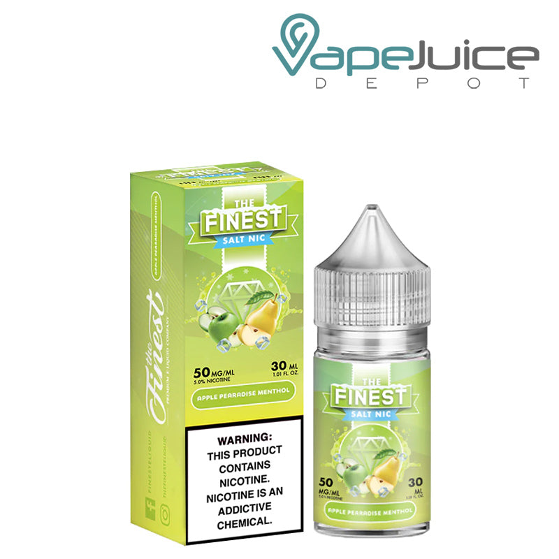 A box of Apple Pearadise Menthol Finest SaltNic with a warning sign and a 30ml bottle next to it - Vape Juice Depot