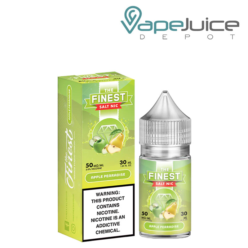 A box of Apple Pearadise Finest SaltNic Series with a warning sign and a 30ml bottle next to it - Vape Juice Depot