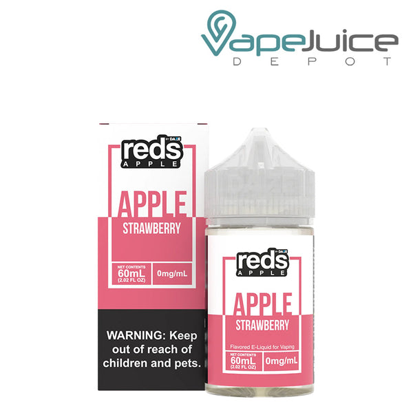 A box of Strawberry REDS Apple eJuice with a warning sign and a 60ml bottle next to it - Vape Juice Depot