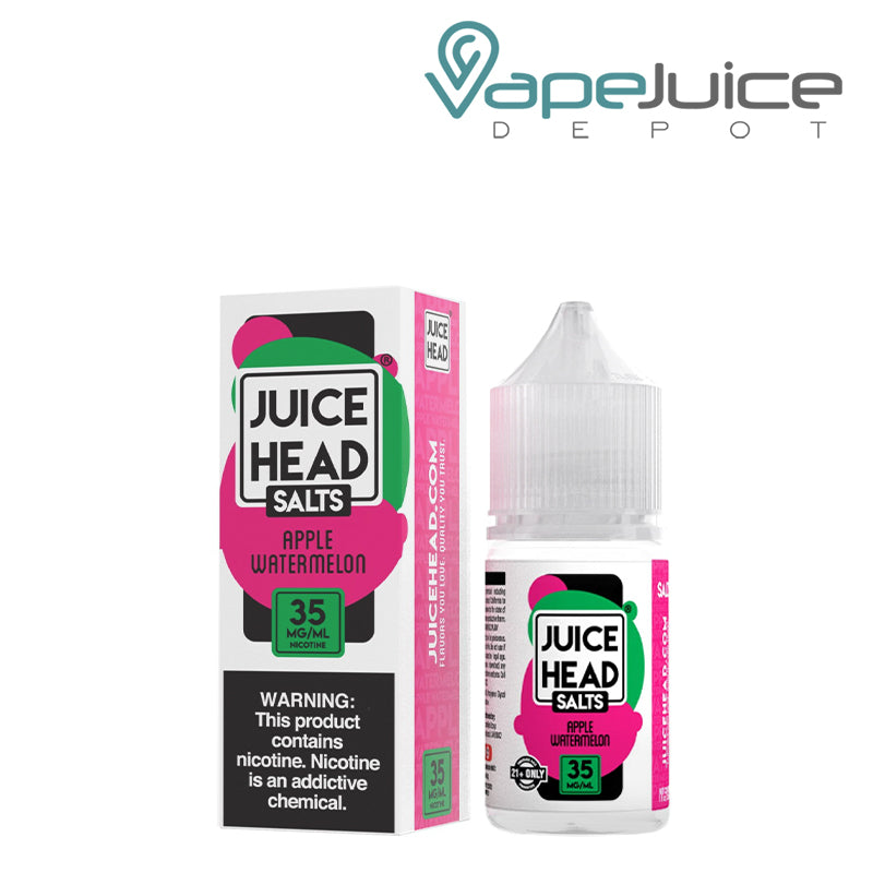 A Box of Apple Watermelon Salts Juice Head Freeze with a warning sign and a 30ml bottle next to it - Vape Juice Depot