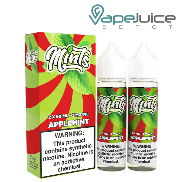 A box of Applemint Mints eLiquid with a warning sign and two 60ml bottles next to it - Vape Juice Depot