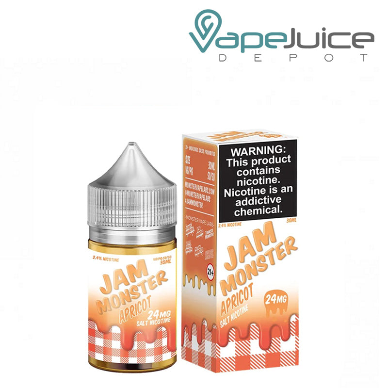 A 30ml bottle of Apricot Jam Monster Salt and a box with a warning sign next to it - Vape Juice Depot