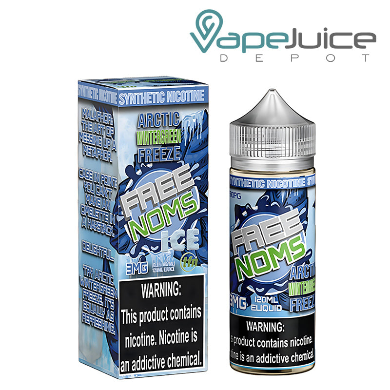 A Box of Arctic Wintergreen Freeze FreeNoms TFN Ice with a warning sign next to its 120ml bottle - Vape Juice Depot