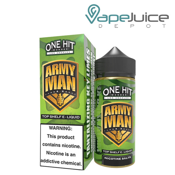 A box of Army Man One Hit Wonder with a warning sign and a 100ml bottle next to it - Vape Juice Depot
