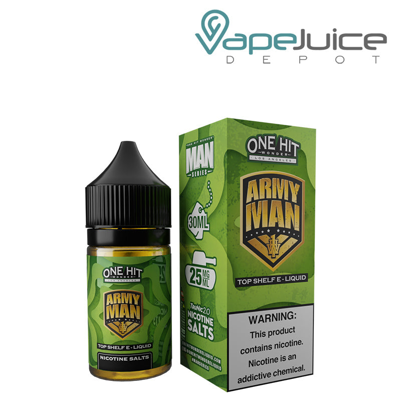 A 30ml bottle of Army Man Nicotine Salt eLiquids One Hit Wonder and a box with a warning sign next to it - Vape Juice Depot