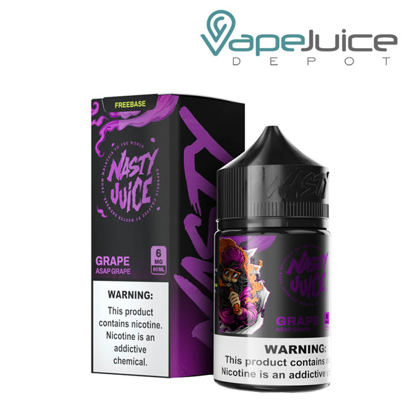 A box of Asap Grape Nasty Juice with a warning sign and a 60ml bottle next to it - Vape Juice Depot