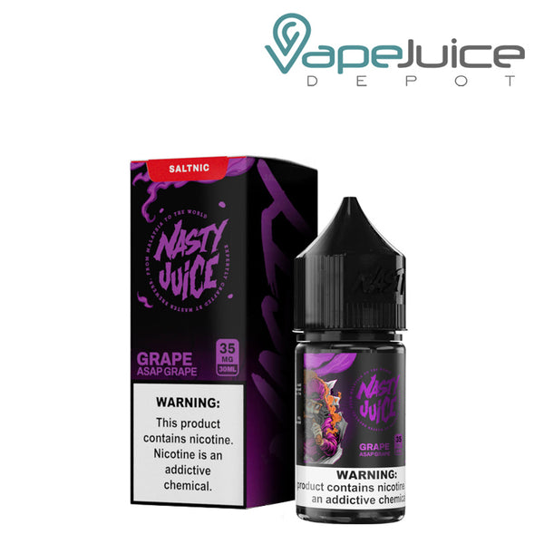 A box of Asap Grape Nasty Salt with a warning sign and a 30ml bottle next to it - Vape Juice Depot