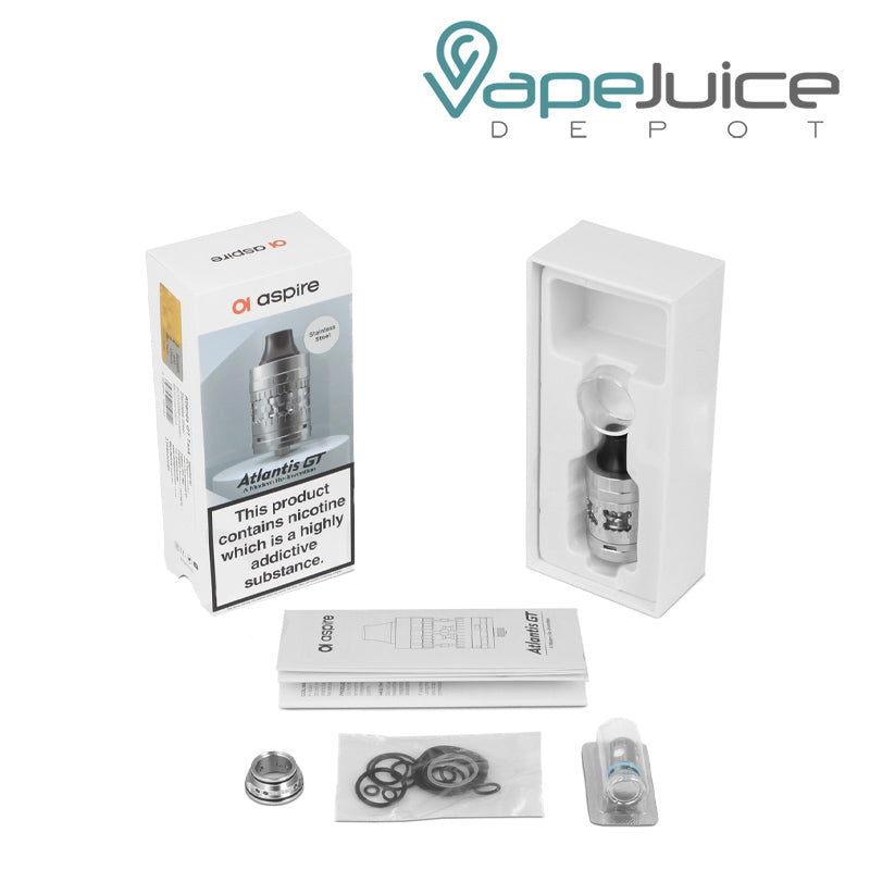 A box of Aspire Atlantis GT Tank with a warning sign and the tank and  manual next to it - Vape Juice Depot