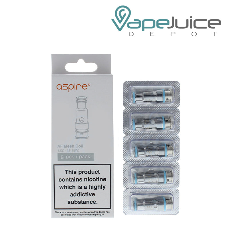 A Box of 1.0ohm Aspire Flexus Q Coils with a warning sign and a pack of coil next to it - Vape Juice Depot