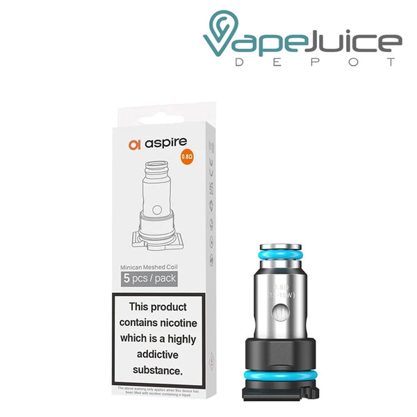 A Box of Aspire Minican Meshed Coil with a warning sign and a coil next to it - Vape Juice Depot