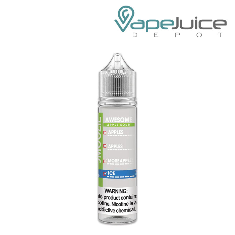A 60ml bottle of Awesome Apple Sour Ice Smoozie vape juice with a warning sign - Vape Juice Depot